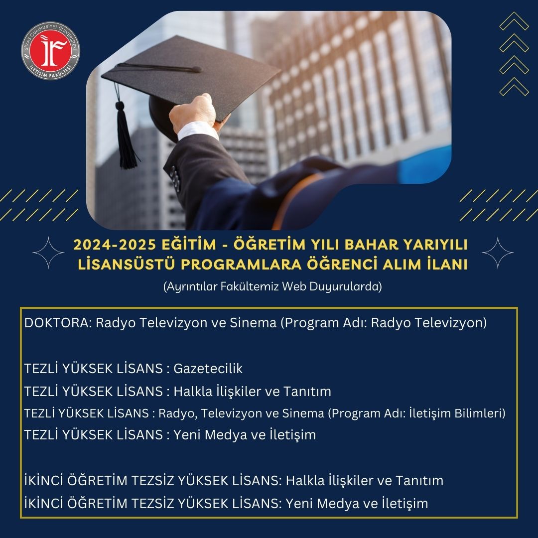 Cumhuriyet Üniversitesi İletişim Fakültesi Tezli Tezsiz Yüksek Lisans Öğrencisi alacak