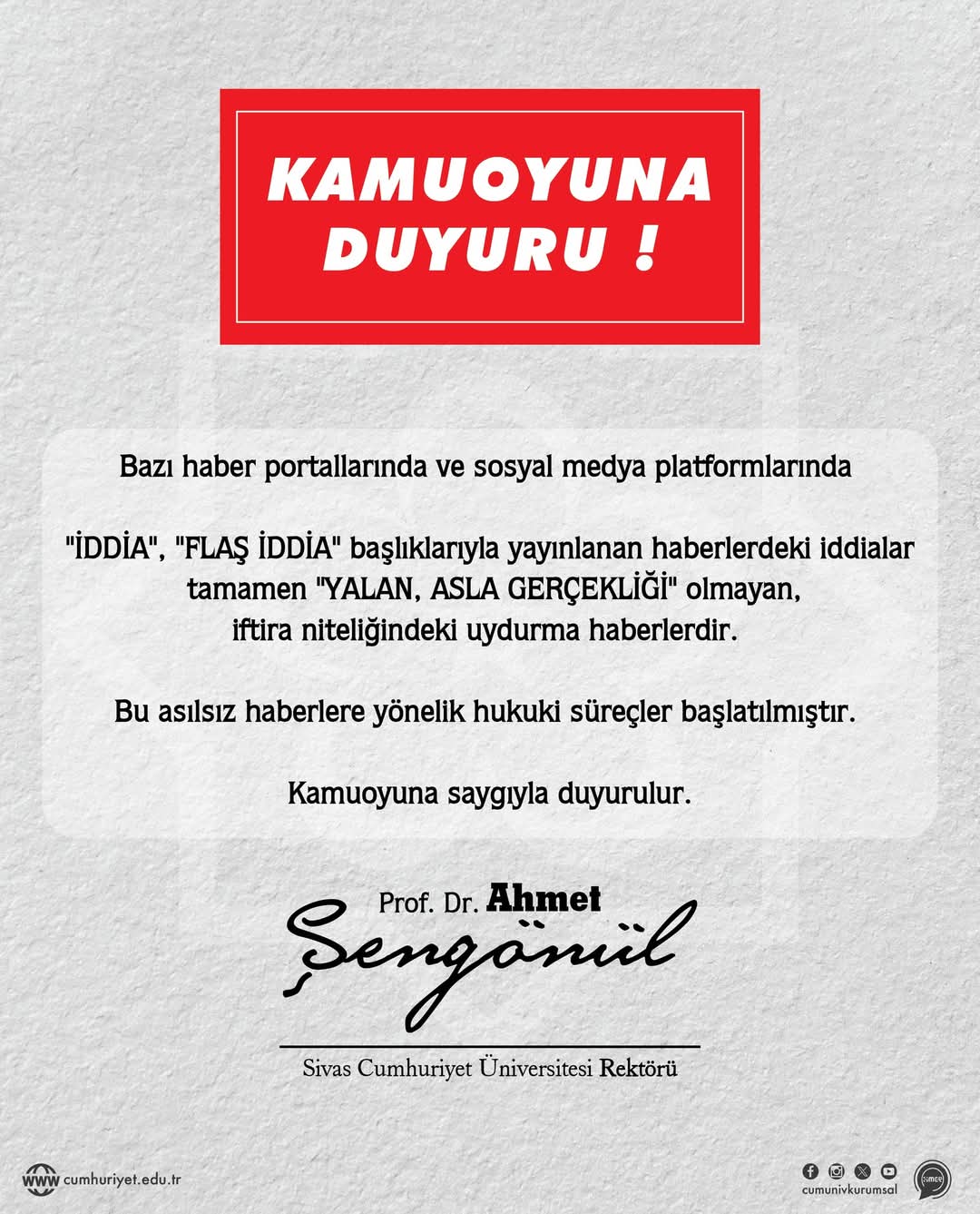 Sivas Cumhuriyet Üniversitesi’nden Sert Tepki: Asılsız İddialara Hukuki Süreç Başlatıldı