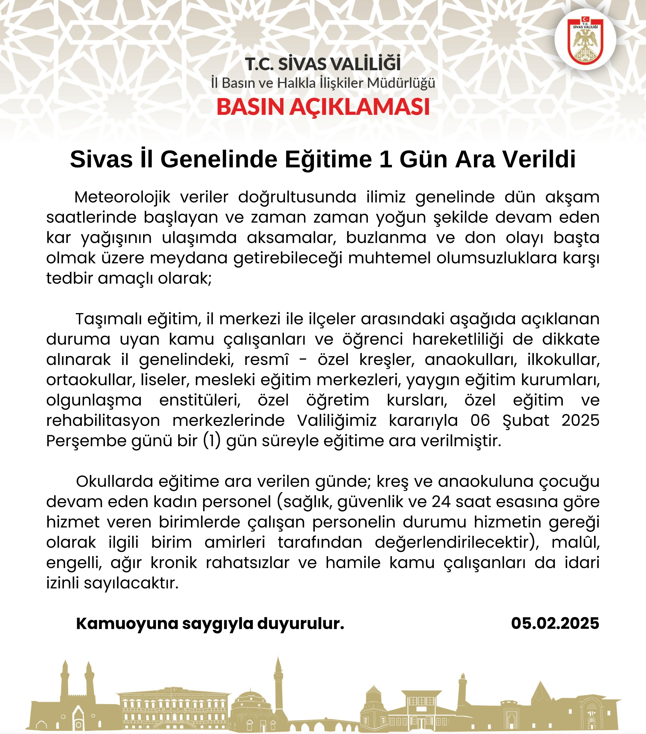 Çocukların beklediği kar tatili geldi Sivas İl Genelinde Eğitime 1 Gün Ara Verildi