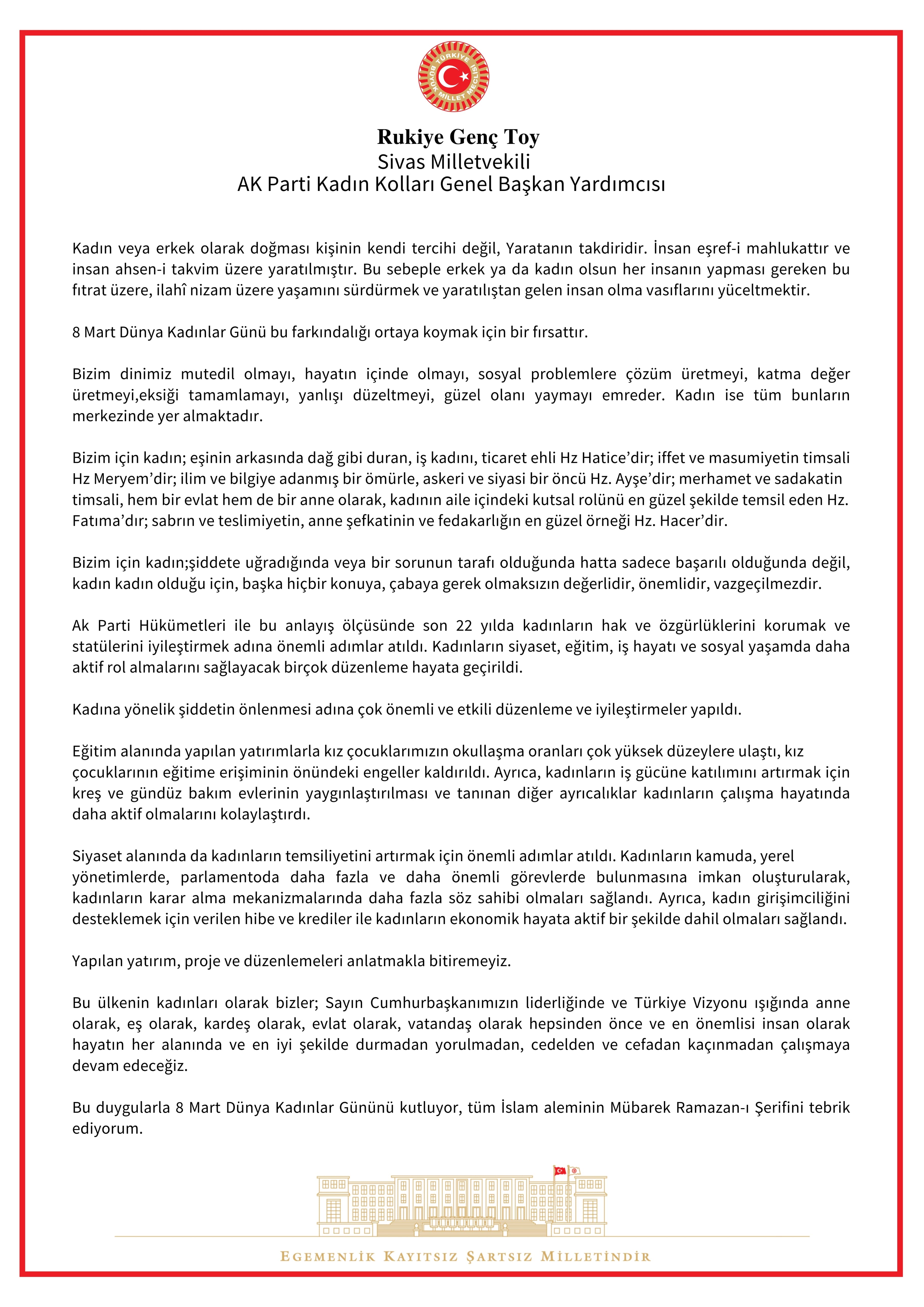 Ak Parti Sivas Milletvekili Rukiye Toydan 8 Mart Dünya Kadınlar Günü Mesajı