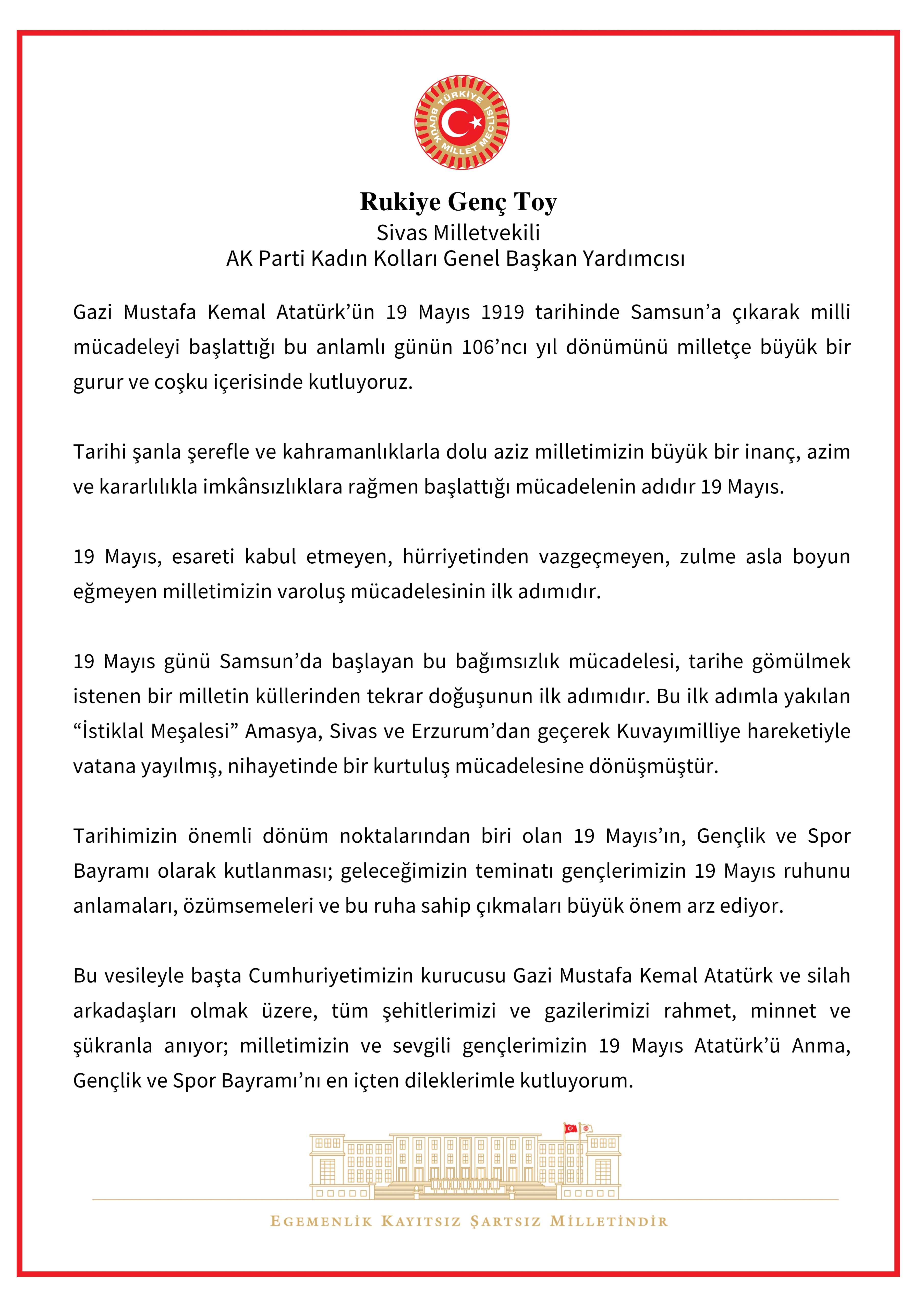 Ak Parti Sivas Milletvekili ve Kadın Kolları Genel Başkan Yardımcısı Rukiye Toy'un 19 Mayıs Mesajı Ak Parti Sivas Milletvekili ve Kadın Kolları Genel Başkan Yardımcısı Rukiye Toy'un 19 Mayıs Mesajı