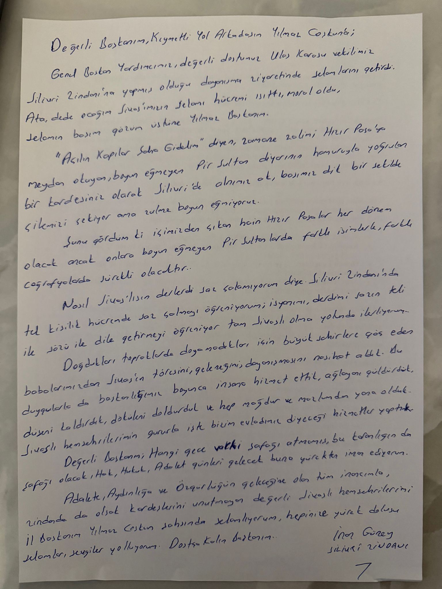 Sivaslı İnan Güney’den Silivri’den Memlekete Mektup