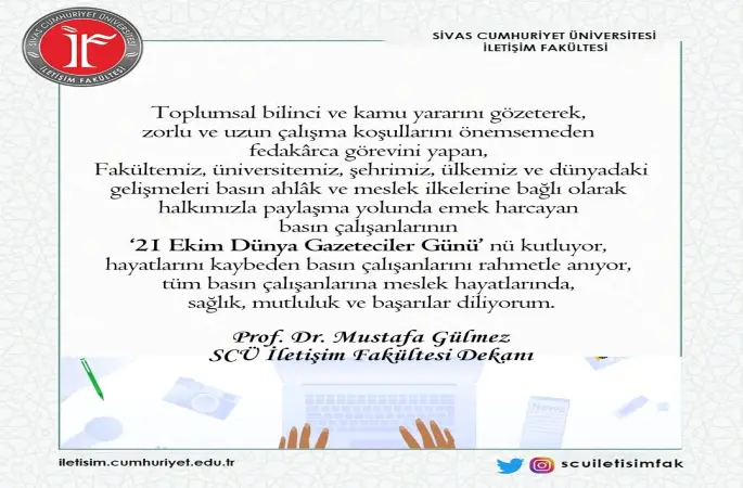 SCÜ İletişim Fakültesi Dekanı Prof. Dr. Mustafa Gülmez Gazeteciler Günü Mesajı