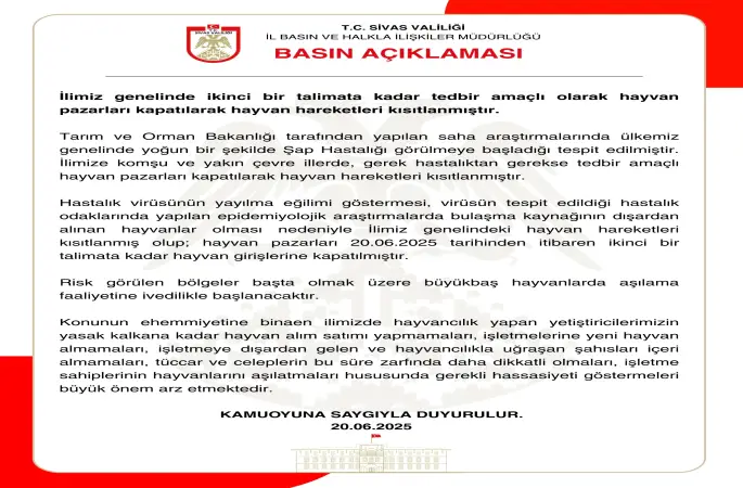 İlimiz genelinde ikinci bir talimata kadar tedbir amaçlı olarak hayvan pazarları kapatılarak hayvan hareketleri kısıtlanmıştır