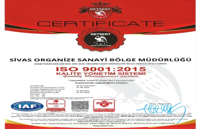 SİVAS MERKEZ OSB, ISO 9001 VE ISO 14001 KALİTE BELGELERİNİ ALDI