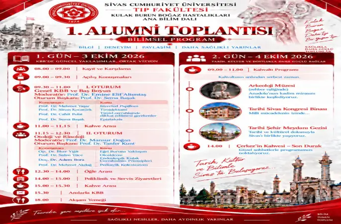 Cumhuriyet Üniversitesi Tıp Fakültesi’nden ve Uzmanlığını KBB Ana Bilim Dalından alan mezunlar, 3-4 Ekim’de Sivas’ta mezunlar toplantısı yapıyorlar.