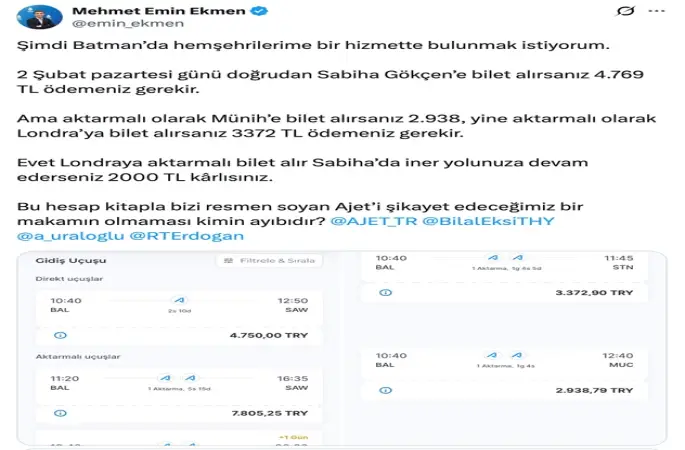 DEVA Partili Ekmen’den uçak bilet fiyatlarına eleştiri