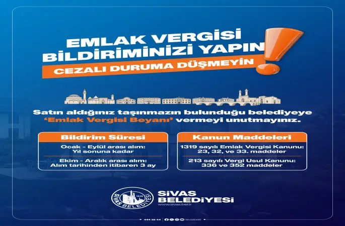 Sivas Belediyesi’nden Gayrimenkul Alanlara Uyarı: KANUNİ SÜRESİ İÇERİSİNDE BİLDİRİMDE BULUNMAYI UNUTMAYIN!